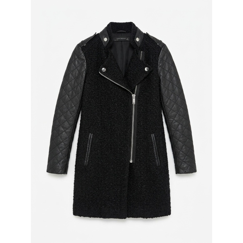 Zara Woman Black Boucle Wool Blend Coat Quilted Leather Sleeves Moto Jacket S